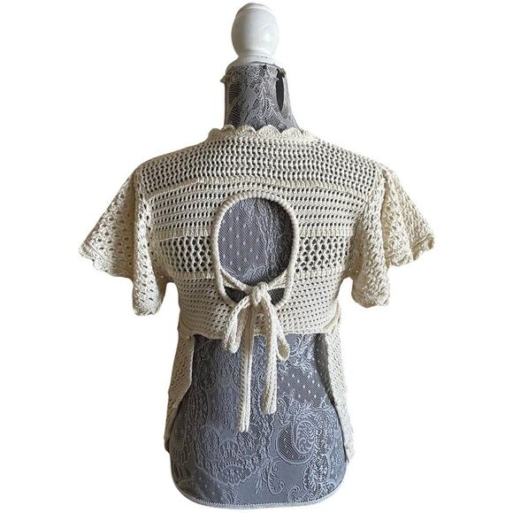 Alexa Chung Cutout Cotton Blend Crochet Knit Top Ecru Size Small - Picture 3 of 6